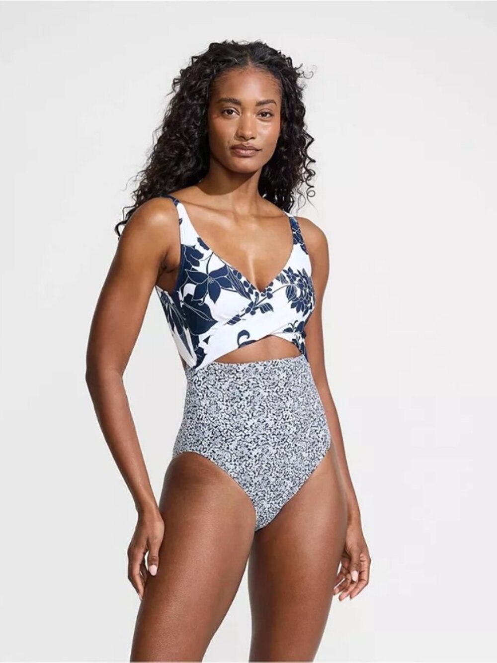 Lands End Wrap Monokini High Leg One Piece Swimsuit NWT Deep Sea Navy Lillies 6P